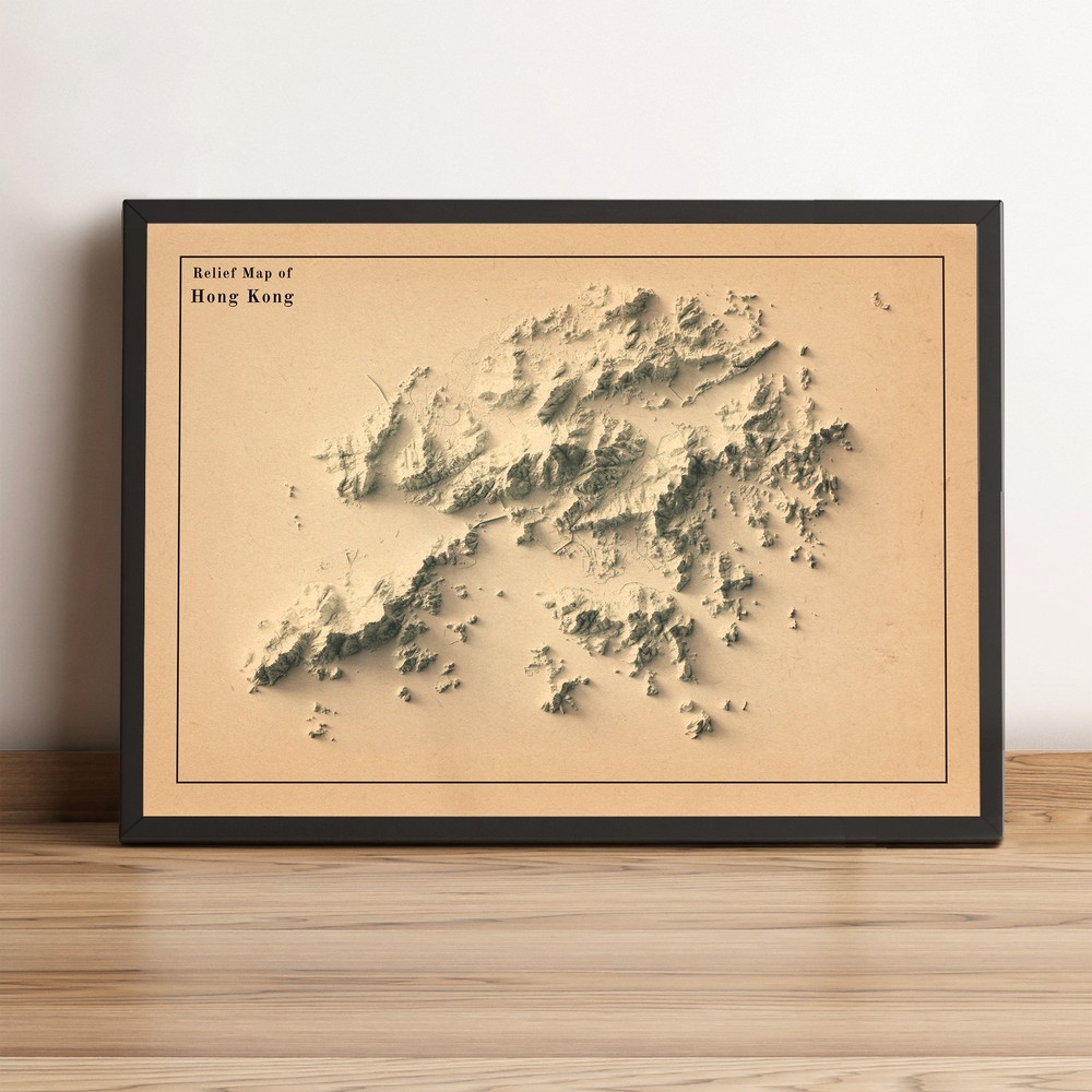 Hong Kong Map, Hong Kong 2D Relief Map, Hong Kong Vintage Map – 2D Flat Print