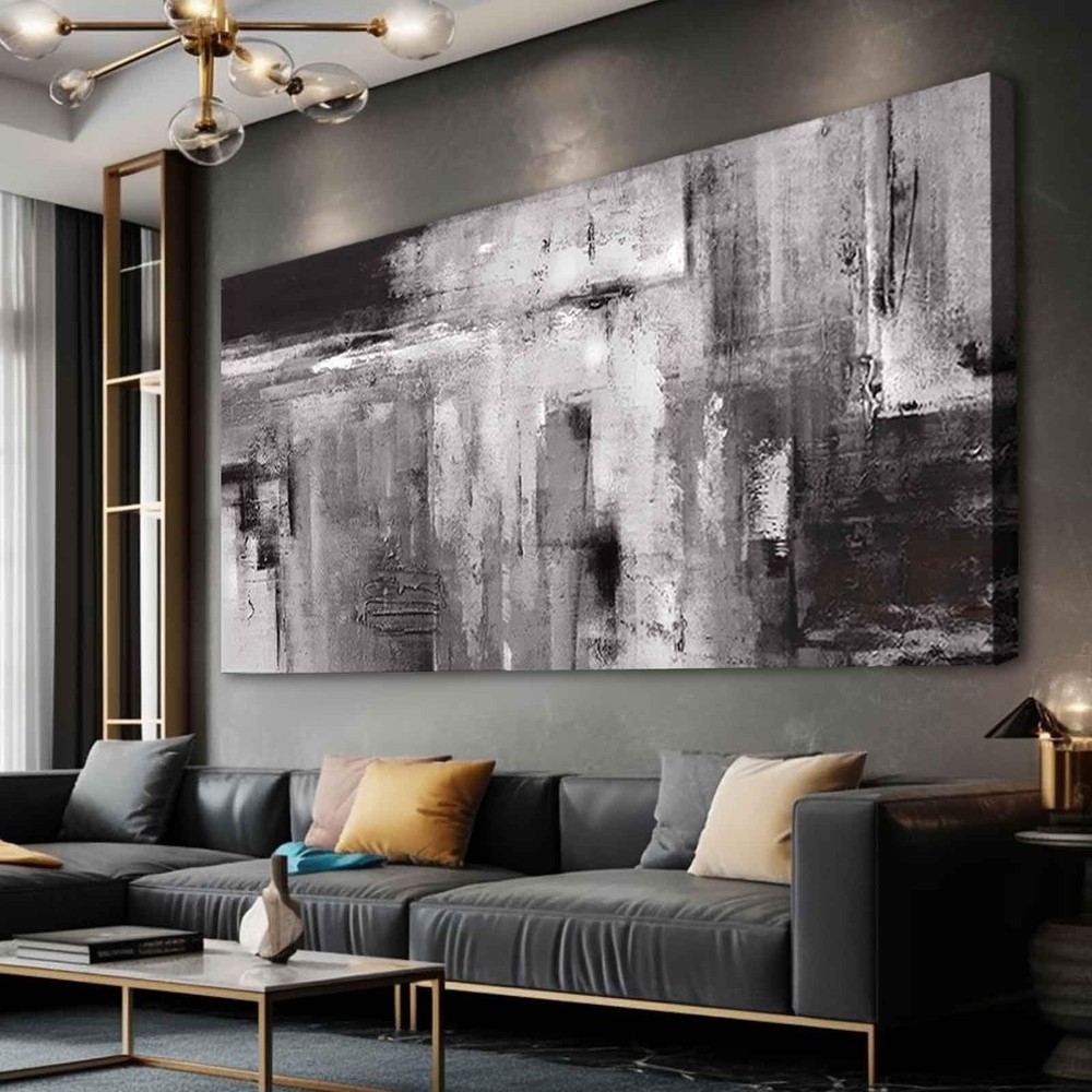 Black Abstract Wall Art Living Room Decor Painting 29″x 58″ White Abstract Gr…