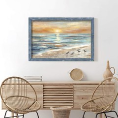 Framed Sunset Beach Wall Art: Modern Coastal Sea Birds Wooden Painting Rustic…