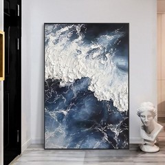 Abstract Ocean Wave Canvas Wall Art Navy Blue and White Beach Scene Painting …