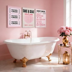 3-Piece Fun Pink Peach Bathroom Canvas Wall Art Pink Shower Karaoke Ticket Wa…