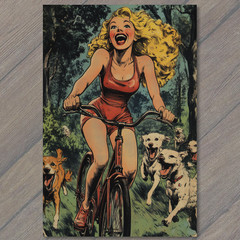 Art Print Happy Blonde Girl Biking Forest Trail Surrounded Dogs Sunshine Fun