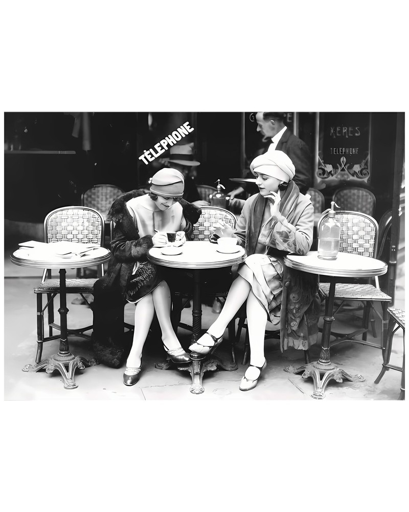 7008 Flappers At Cafe Black And White Vintage Art Style Poster