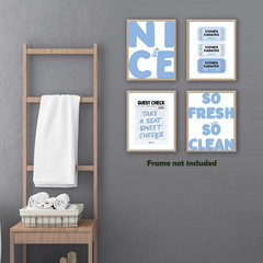 Trendy Retro Funny Bathroom Canvas Wall Art Prints 8X10 Inch Set of 4, Light Blu