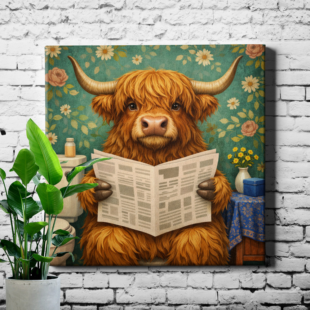 Highland cow reading newspaper Wall Art vintage teal floral background
