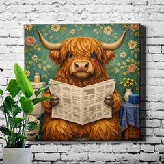 Highland cow reading newspaper Wall Art vintage teal floral background