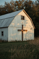 Christian Cross White Barn Sunset 4×6 Photo Print Religious Wall Art Decor