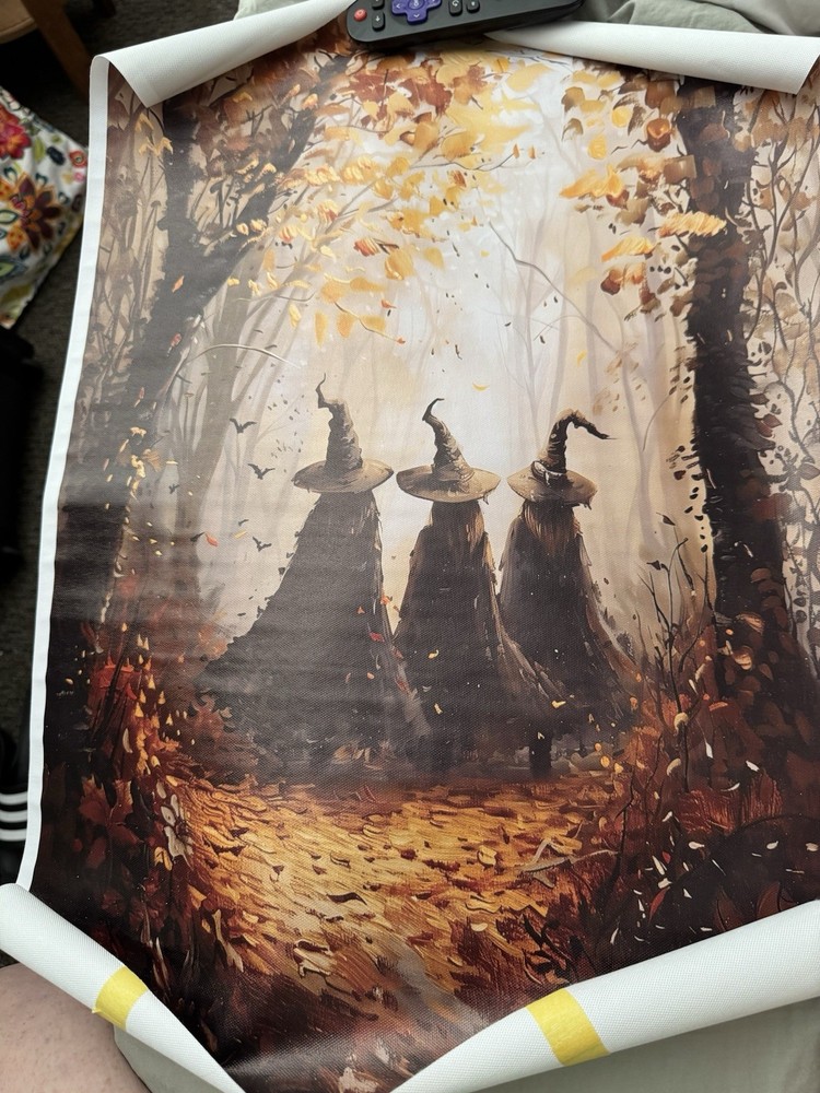 Three Witches Autumn Forest Paper Print Vertical Brown/Orange/Black/Beige