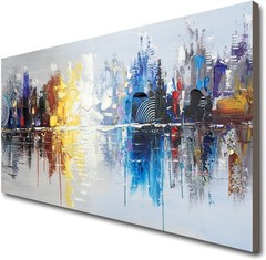 Stunning Hand-Painted Abstract Cityscape Oil Painting 48×24 – Art Deco Elegance
