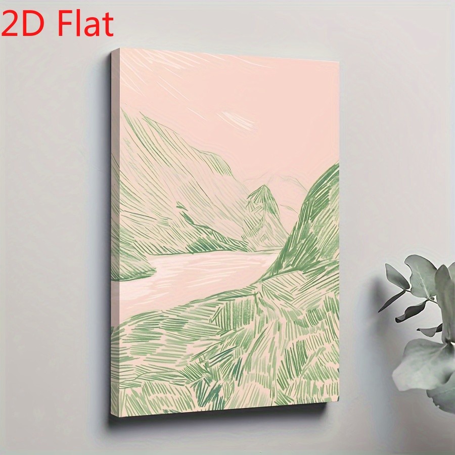 Soft Green Mountain Line Sketch Canvas Art, Minimal Pink Bedroom Landscape Decor