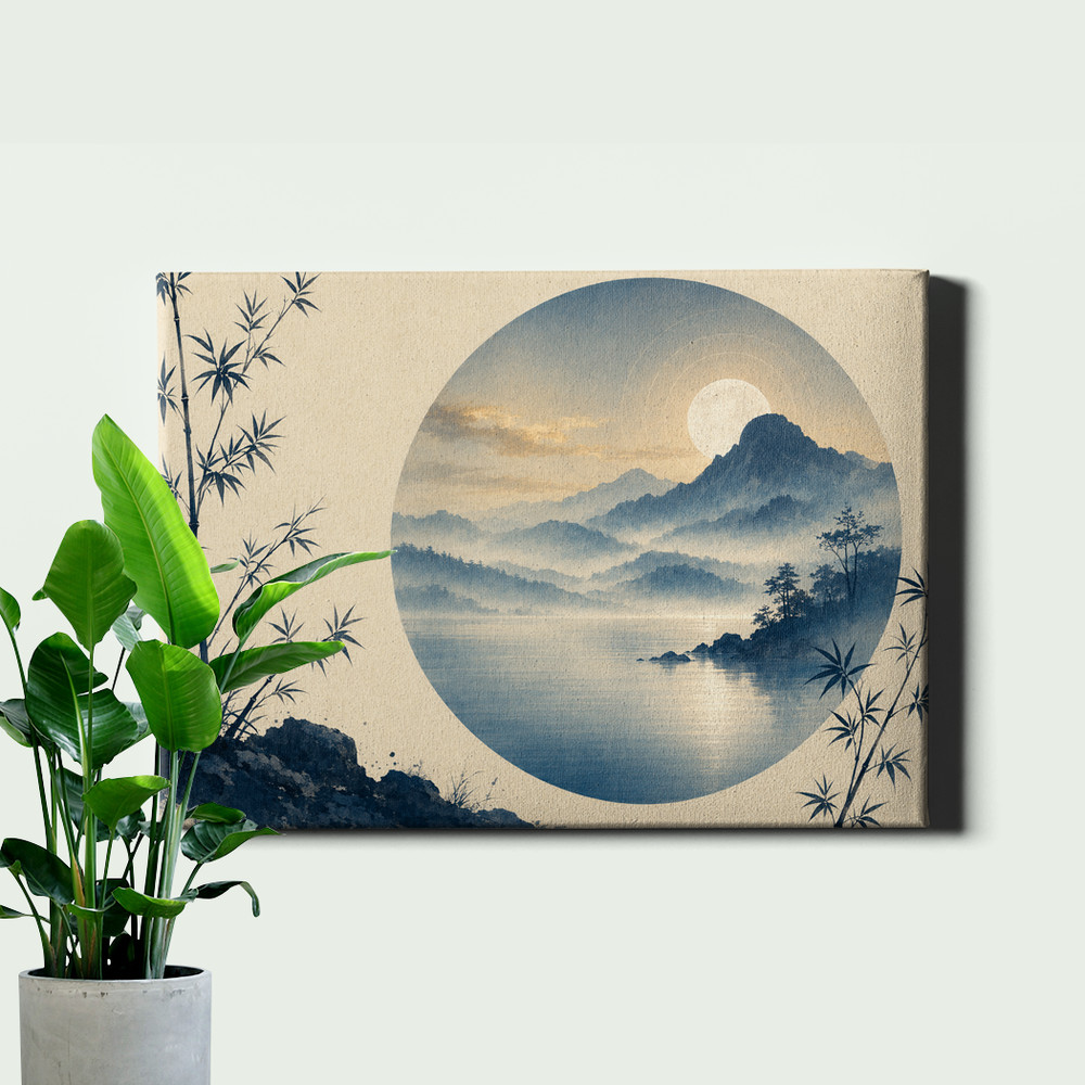 Zen ink wash moonlit mountain lake Wall Art
