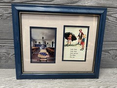 Framed Picture Dick and Jane & One Room Schoolhouse Photo Matted Blue Plastic