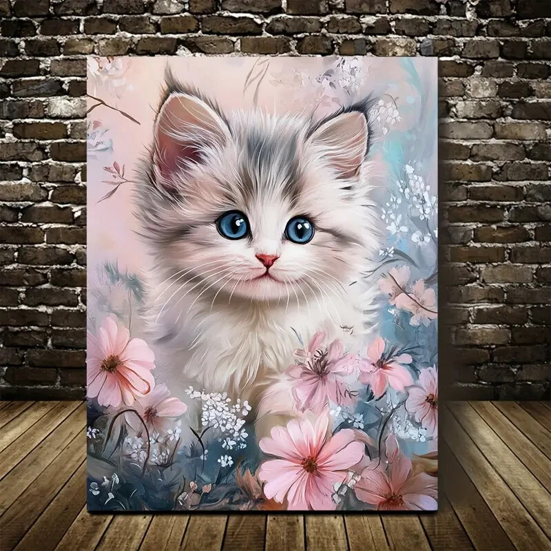 Cute Ragdoll Kitten with Blue Eyes & Pastel Flowers Metal Print Ready to Hang