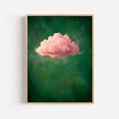 Pink Cloud Wall Art, Emerald Green Decor, Surreal Sky Painting, Minimalist