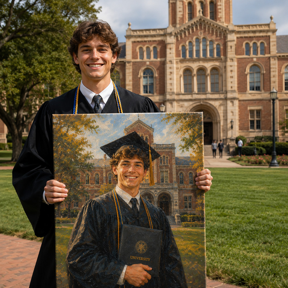 🎓 Custom Graduation Oil Painting Portrait Canvas Print – Personalized Universit