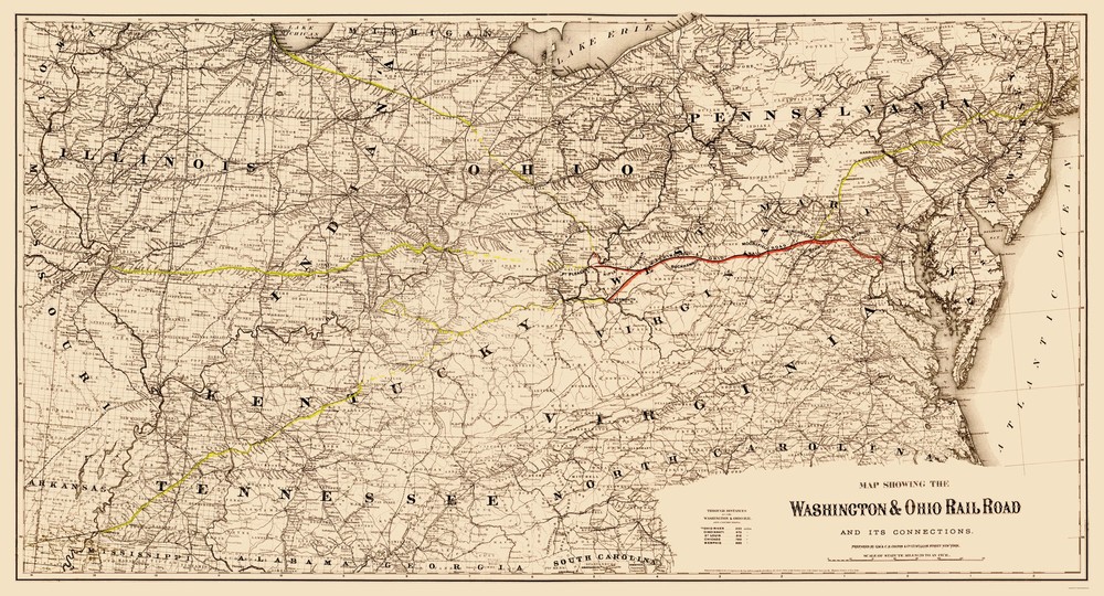 Railroad Map – Washington and Ohio Railroad – Colton 1870 – Vintage Wall Art