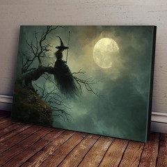Witch On Dead Tree Full Moon Framed Canvas, Dark Gothic Halloween Spooky Wall