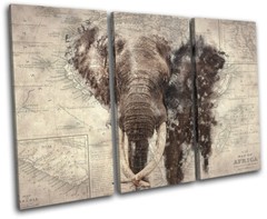 Africa Elephant Map Retro Vintage TREBLE CANVAS WALL ART Picture Print