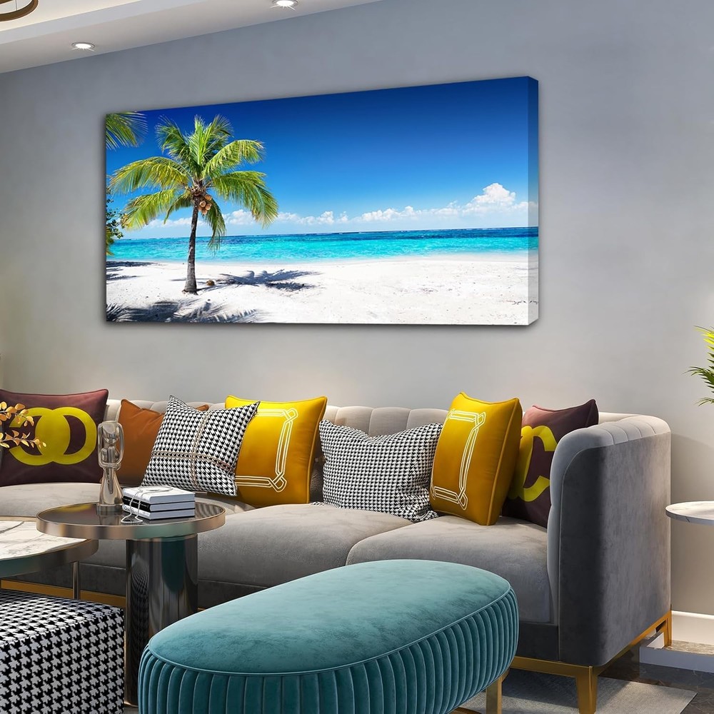 Wall Art Coconut Trees on Sands Beach Seascape Painting Mural,DIY Framed 24″x48″