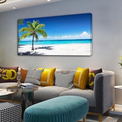 Wall Art Coconut Trees on Sands Beach Seascape Painting Mural,DIY Framed 24″x48″