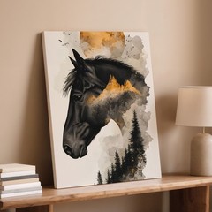 Black Horse Canvas Wall Art With Mountain And Forest Landscape Abstract Print