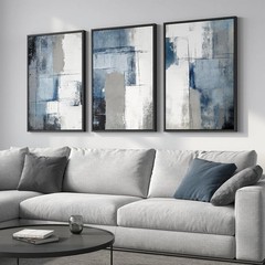 Large Framed Blue and Grey Abstract Wall Art for Living Room, 3 Piece Modern Can