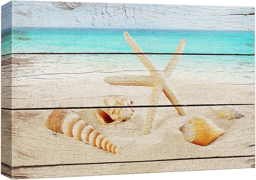 Vintage Rustic Wall Decor Starfish Seashells Wooden Canvas Wall Art – 16″x24″