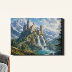 Fantasy Castle Waterfall Poster Print Dramatic Landscape Scene