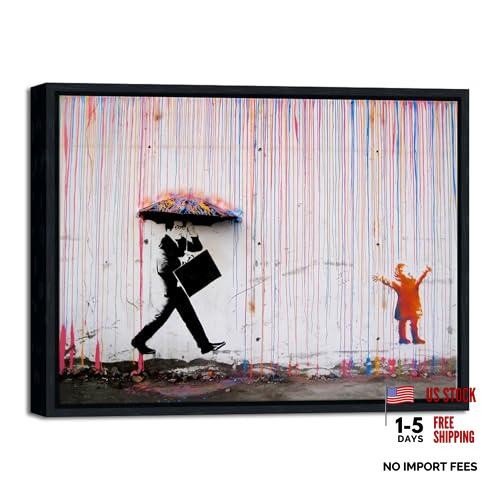 Framed Banksy Raining Day or 16″L x 12″W Banksy Raining day – Black Frame