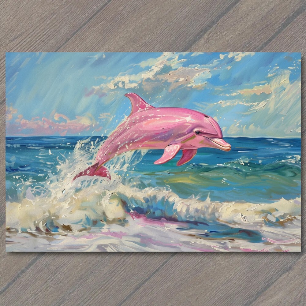 Art Print Pink Dolphin Jumping Out of Water Ocean Sea Unusual Rare Fun Cute