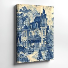 Wall Art Gothic Victorian Mansion Print Blue Toile Style House Landscape Decor