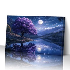 Tree of Life Canvas Wall Art Snow Mountain Lake Purple Tree in the Moonlight …