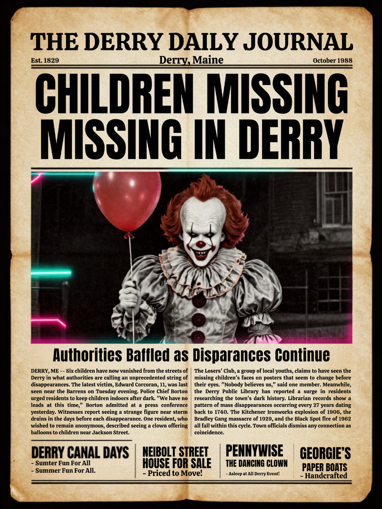 Derry Pennywise Horror Wall Collage Newspaper Style Poster