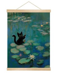 Monet-Inspired Pond Lotus Wall Art,Natural Linen Poster,Fun Lotus and Black C…