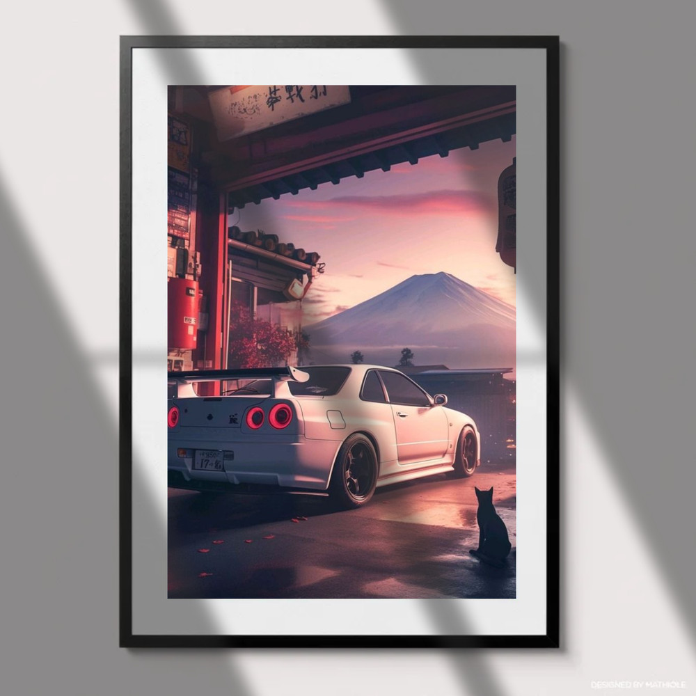 Skyline R34 GTR Poster Mount Fuji Sunset Japanese JDM Wall Decor