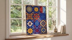 Mediterranean Tile Poster Decor Blue Yellow Floral Mosaic Wall Art Kitchen Print