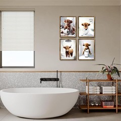 Waterproof Highland Cow Bathroom Art Prints – Humorous Decor (8×10, Set of 4)