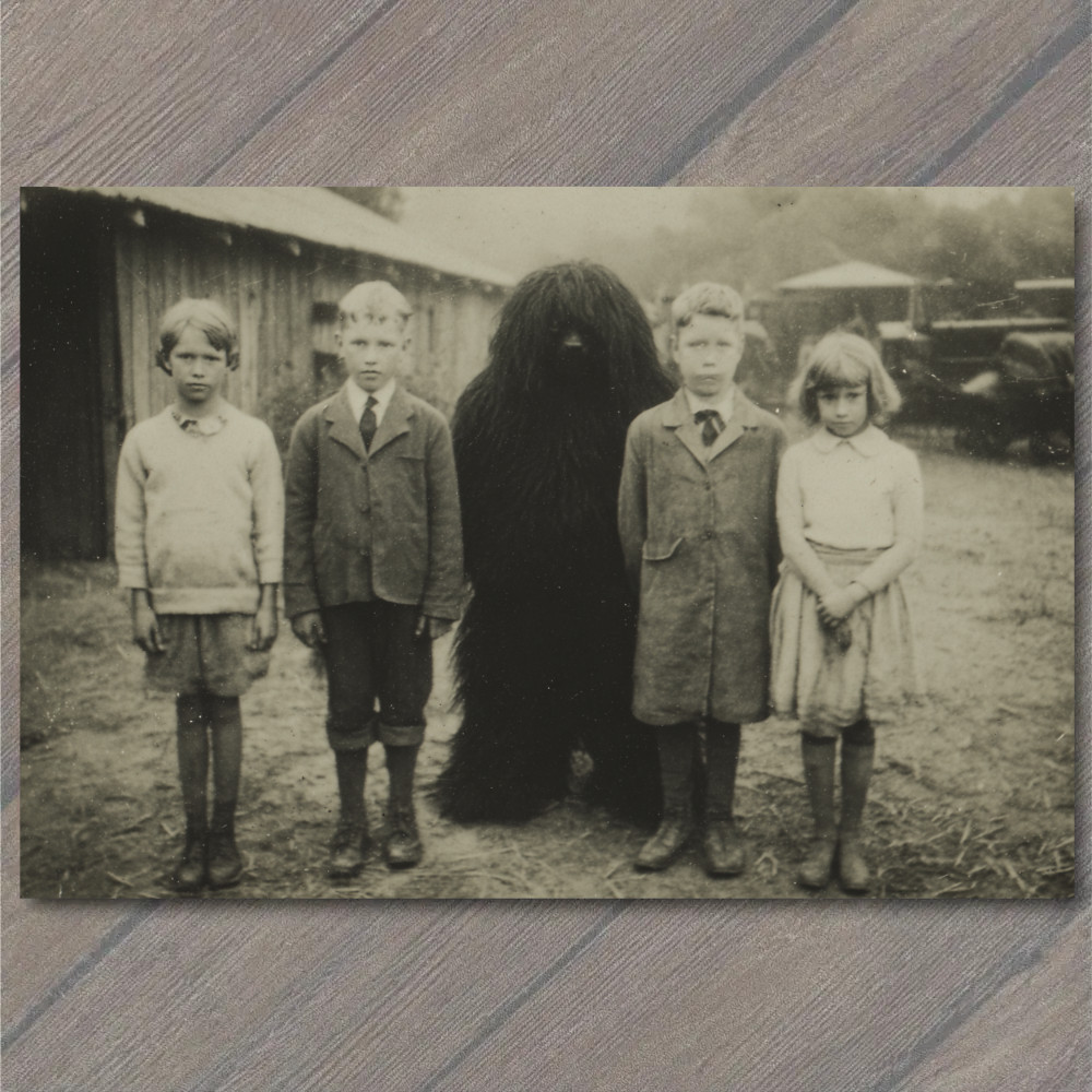 Art Print Children Bigfoot Hairy Beast Farmyard Oddity Creepy Creature Old Car