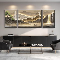 Framed 3-Piece Mountain Wall Art – Luxury Pine Tree & Waterfall Decor