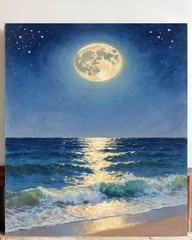 Moonlight Ocean Canvas Wall Art Night Sea Waves Painting Coastal Decor