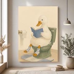 Funny Duck Reading Book on Toilet Canvas Print Whimsical Bathroom Wall Art