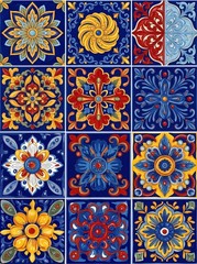 Mediterranean Tile Poster Decor Blue Yellow Floral Mosaic Wall Art Kitchen Print