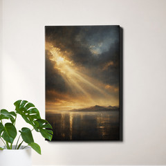 Abstract Seascape Sunrays Storm Clouds Framed Canvas Art 12x18inch