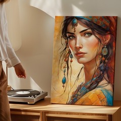Boho Woman Portrait Canvas Wall Art Orange Turban Jewelry Print Decor Wall Home