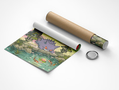 Gengar Cherry Blossom Poster Japanese Garden Koi Pond Print Anime Room Wall Art