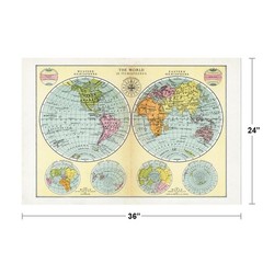 The World In Hemispheres Antique Style Map Poster 24×36 inch