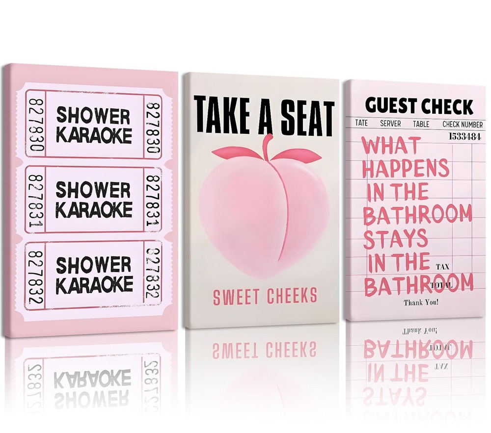 3-Piece Fun Pink Peach Bathroom Canvas Wall Art Pink Shower Karaoke Ticket Wa…
