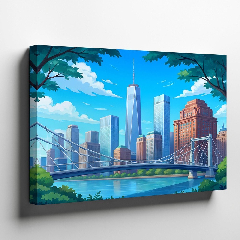 Modern City Skyline Canvas Wall Art with Bridge and River Urban Landscape Print