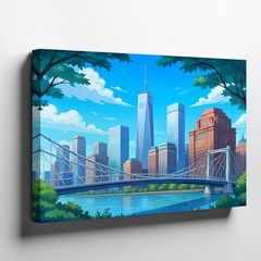 Modern City Skyline Canvas Wall Art with Bridge and River Urban Landscape Print