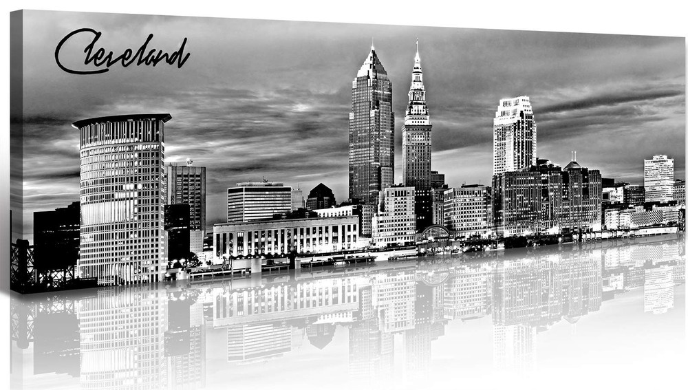 Cleveland Skyline Decor Wall Art Canvas Prints Black and White Night View USA…